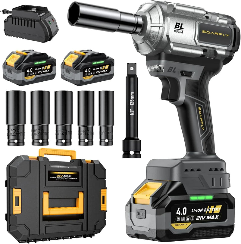 Cordless Impact Wrench, 1200Nm(900ft-lbs) High Torque 1/2'' Impact Wrench, 21V Brushless Electric Impact Gun with 2Pcs 4.0Ah Batteries, 1 Hour Fast Charger, 5 Sockets, Power Impact Driver for Car Home V1