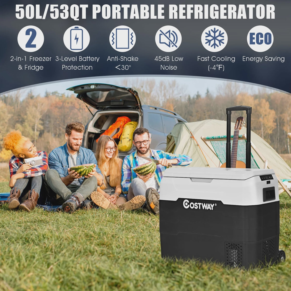 Costway 53 qt Wheeled Corded Electric Dual-Zone Portable Car Refrigerator, White