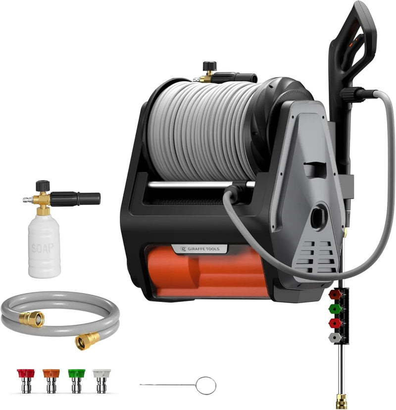 Pressure Washer Pro, Electric Wall Mount Power Washer with 100FT Retractable Pressure Hoses, 3300PSI, 1.6GPM, 4 Nozzles, Foam Cannon for Cars/Patios, Dark Silver T2