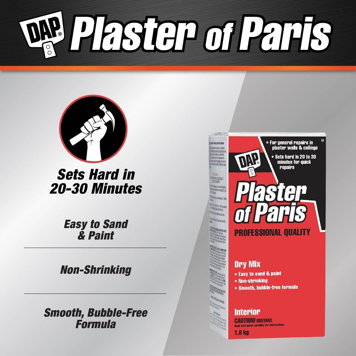 DAP Plaster Of Paris Professional Dry Mix Plaster For Indoor Wall & Ceiling Repairs, 1.8-kg