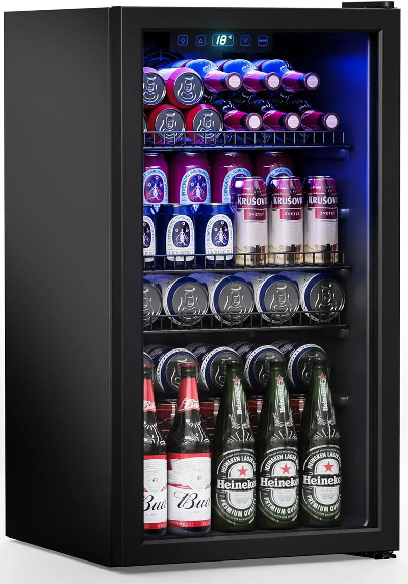 Refrigerator Cooler-120 Cans Freestanding Mini Fridge Cooler with Glass Door, Adjustable Shelves & Digital Temperature Display for Soda, Wine or Beer (Black, 3.2 Cu.Ft) H2