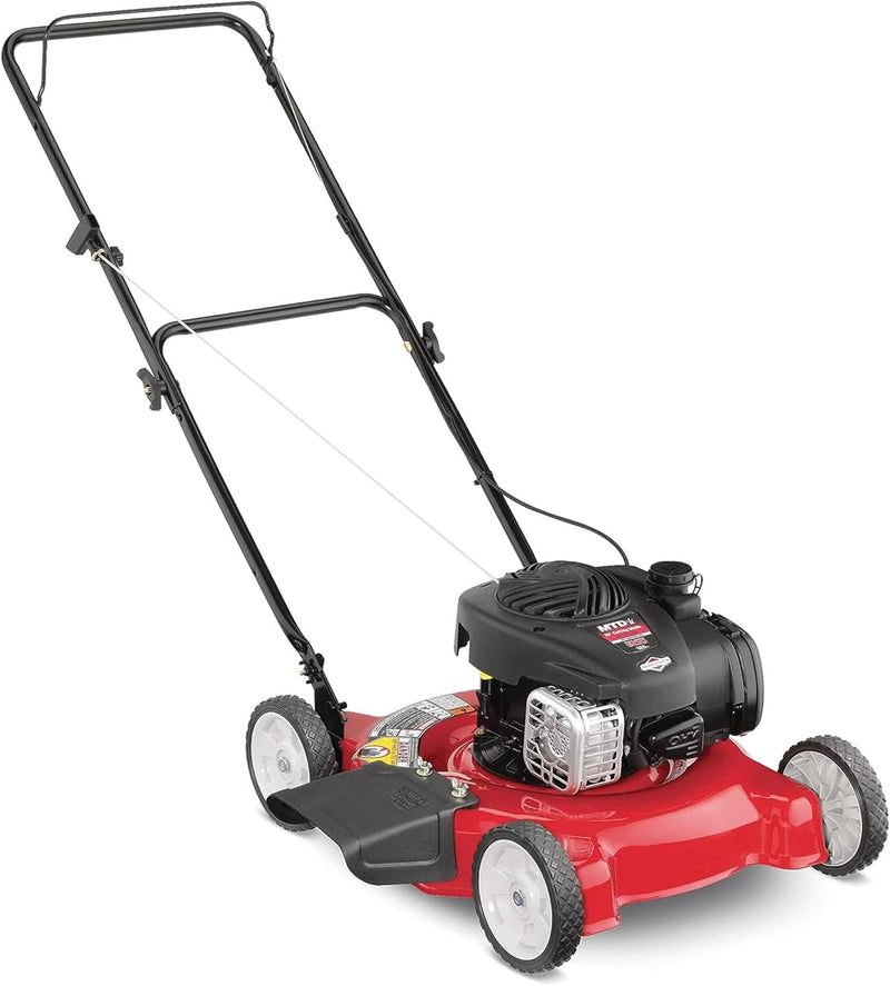 20-inch steel cutting deck, side-discharge gasoline-powered push lawn mower, with engine oil, available in red and black, suitable for outdoor yards. D9