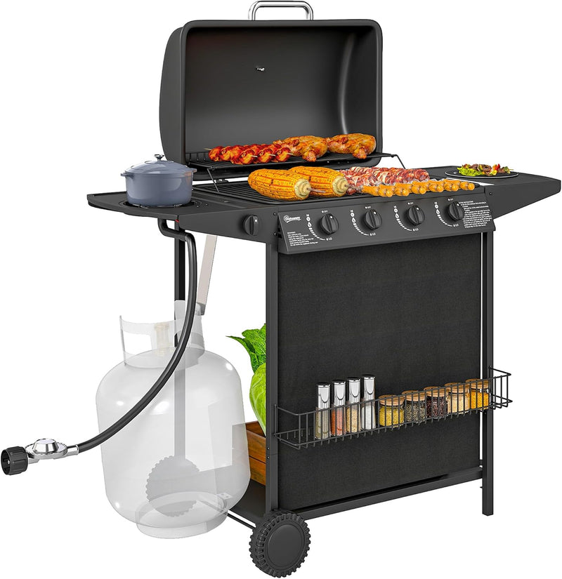 4 1 Burner Propane Gas BBQ Grill, Portable Gas Barbecue Grill with Side Burner, Thermometer, Lid, Side Table, Shelf, Spice Rack, Wheels, Grease Cup for Garden, Black S8