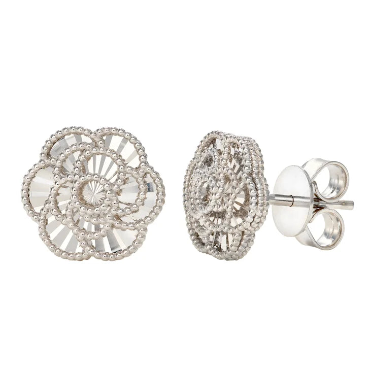 Diamond Cut Textured Flower Stud Earrings in White Gold V6