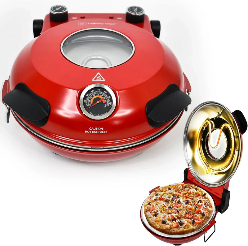 Electric Pizza Oven with Ceramic Stone, Viewing Window, Adjustable Heat Control, Timer and 1200W Baking Power, DIY Homemade Pizzeria, Large 12-- Pie Capacity (Black) E2