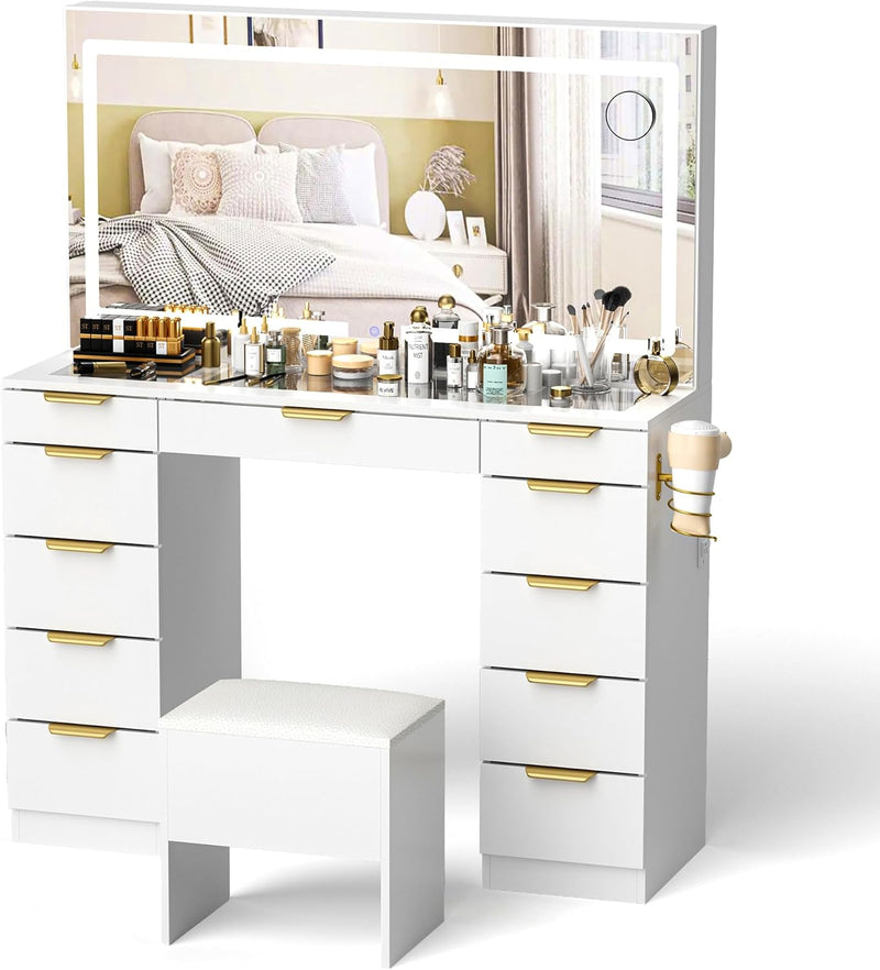 Glass Top Vanity Desk with Mirror and Lights, 11 Drawers Makeup Vanity with Golden Handles, 3 Lighting Modes Upgraded Silent Slides Vanity Desk with Bench, Portable Mirror and Power Putlet U1