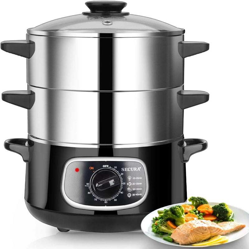 2 stainless steel food steamers, 8.5 liters capacity, electric glass-covered vegetable steamer, double-layer stackable steaming basket, with timer included Q1