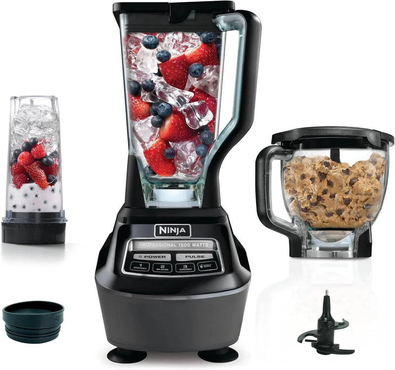 Blender, Mega Kitchen System, 1500W, 4 Functions for Smoothies, Processing, Dough, Drinks & More, with 72 Blender Pitcher, 64 Processor Bowl, 2 Nutri Cups Lids, Black, BL770 N6