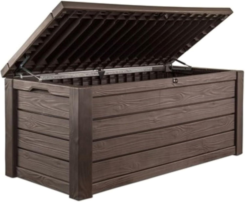 570-liter storage box, all-weather resin boat-shaped storage box, and stylish outdoor bench with piston-assisted lockable lid and side handles, dark coffee color version N1