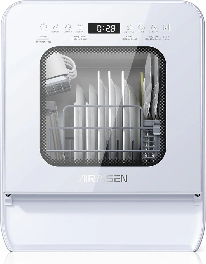 Desktop dishwasher set, double-layer shelf design, portable dishwasher, built-in 5-liter water tank, 3 spray arms, 12-hour delay start, no need to connect power supply, white model A2