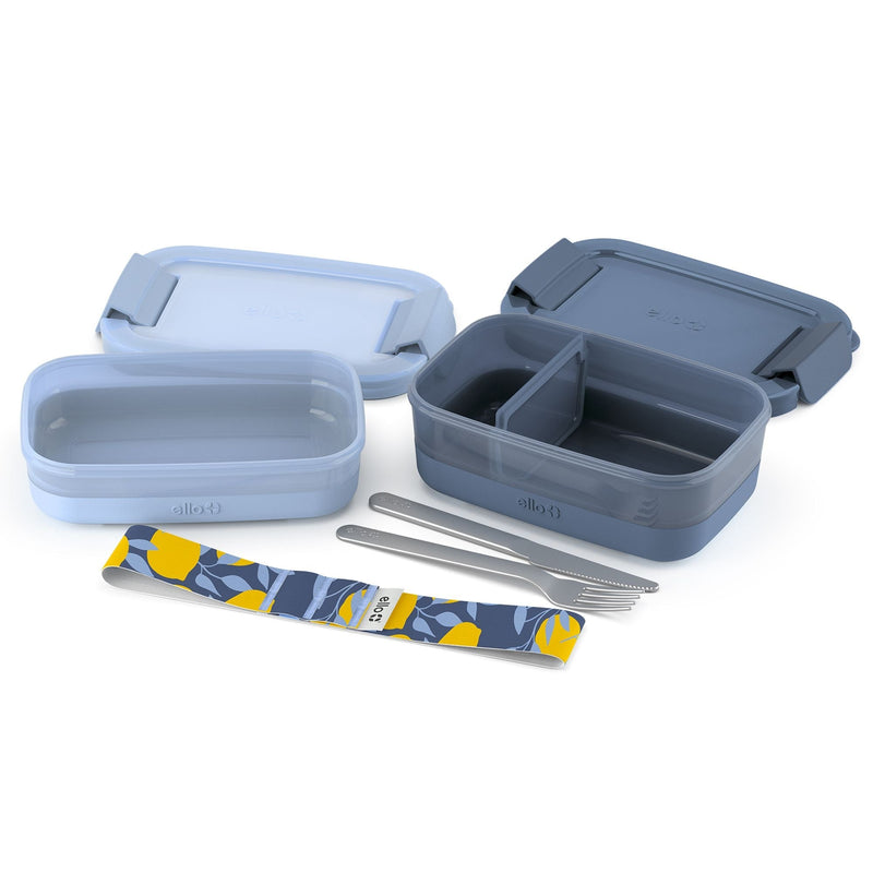 ello Stackable Bento Lunch Food Storage Container with Stainless Steel Flatware, Blue, 2-pk W5