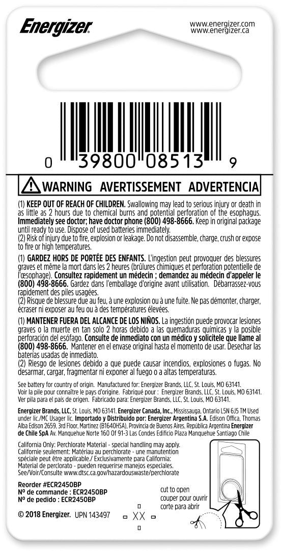 Energizer 1-pk CR2450 3V / 3 Volt Lithium Coin Cell Battery, Long Lasting, All Purpose