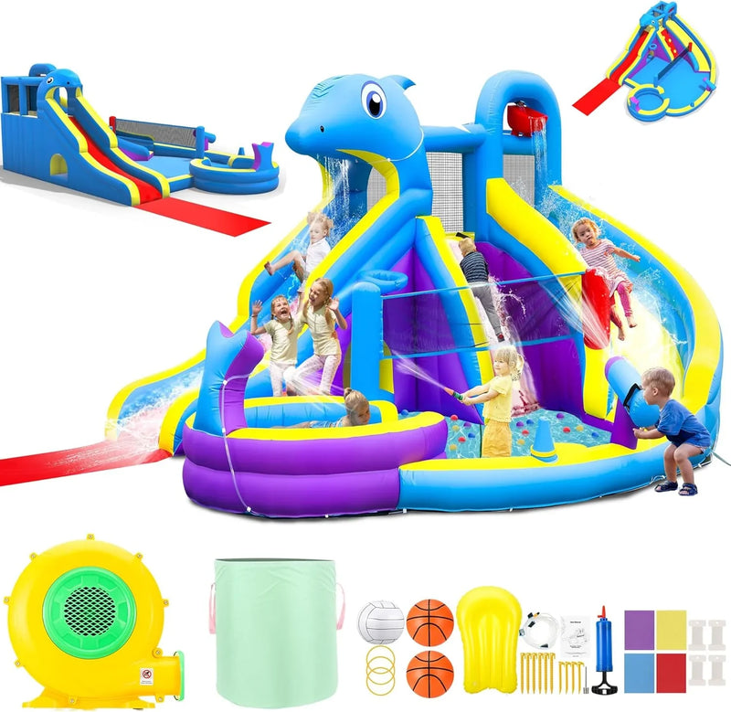 11-in-1 Inflatable Water Slide & Dolphin Bounce House w/2 Long Slides, 19.7 Ft x 13.1 Ft Extra Large Waterslide Climbing Wall w/Small Deeper Pool,Water Cannons,Hoop for Kids Backyard,550W Blower K5