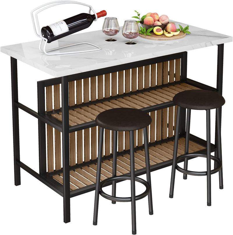 Kitchen Island with Seating & Storage Shelf, Faux Marble Island Table for Kitchen, Modern Bar Table and Chairs Set for 2,Dining Table Set for Small Space,White Q6