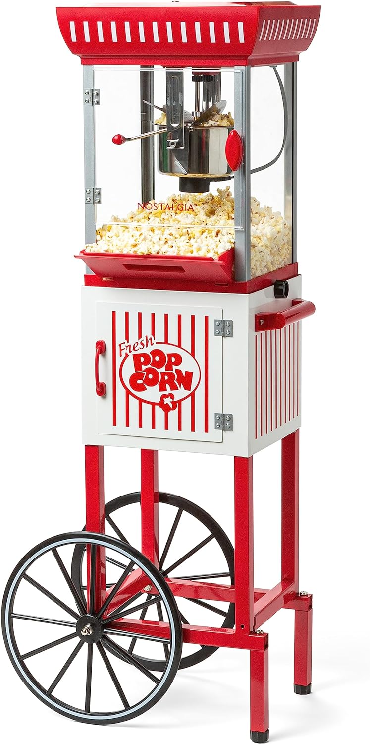 Popcorn Maker Machine - Professional Cart With 2.5 Oz Kettle Makes Up to 10 Cups - Vintage Popcorn Machine Movie Theater Style - Red & White U2