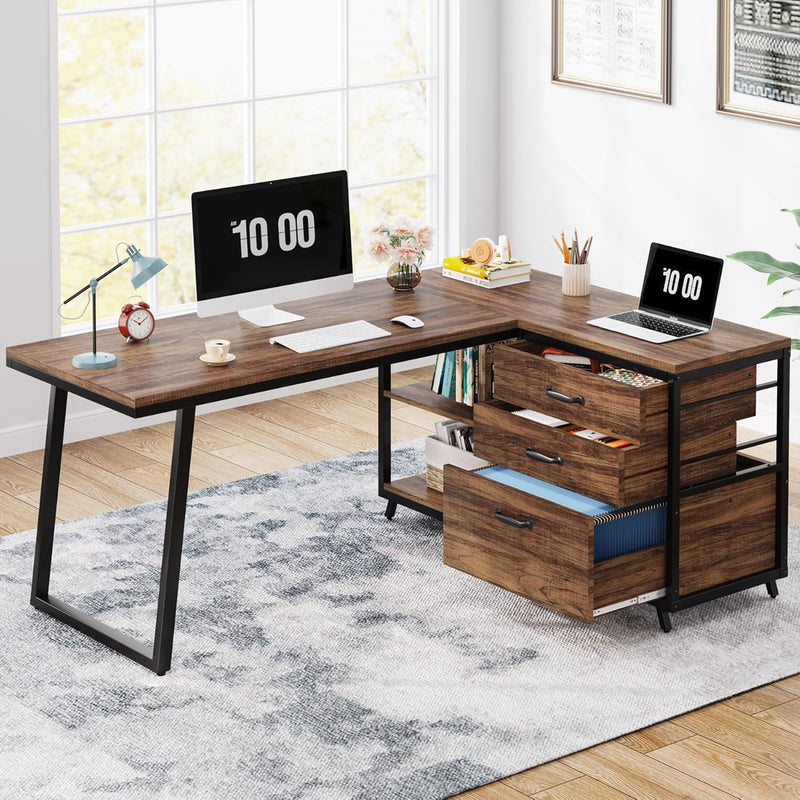L-Shaped Computer Desk with 3 Drawers, Reversible Corner Home Office Desk with Shelves, 53-Inch Industrial PC Desk Study Writing Table Workstation for Small Space, Rustic Brown G0