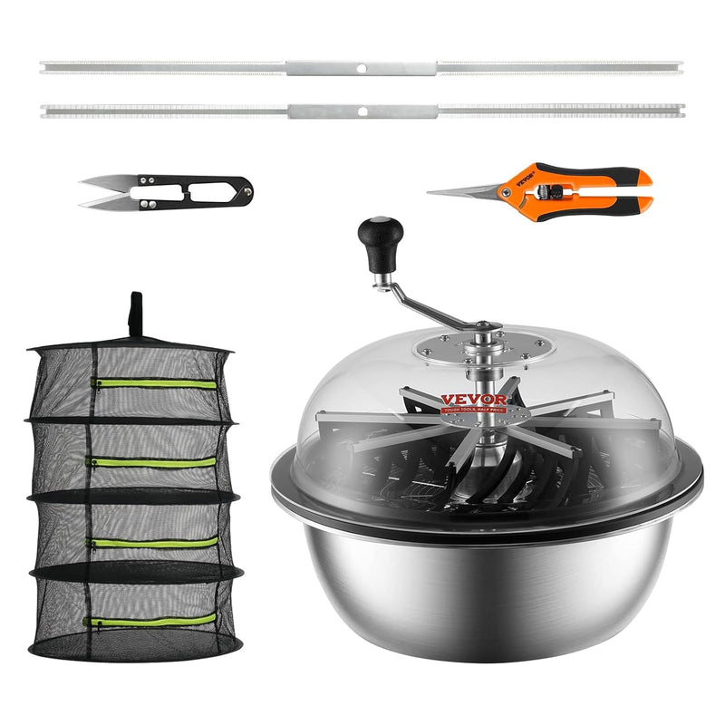 Leaf trimmer, 16-inch trimming bowl, manual flower branch trimmer, equipped with stainless steel blades for rotary trimming, transparent observation cover, foldable herb drying rack and handheld trimmer are all included. C0