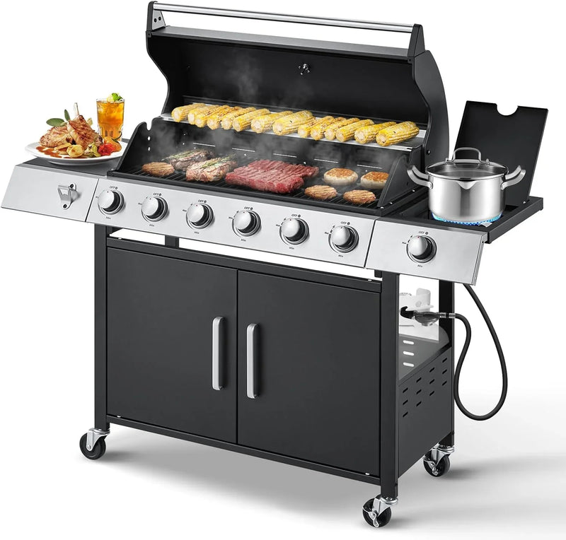Upgraded 4 Burner BBQ Propane Gas Grill with Cast Iron Grates & Side Stove, 44,000 BTU Stainless Steel Burner Barbecue Grill for Patio, Camping, Outdoor Cooking MELLCOM G9