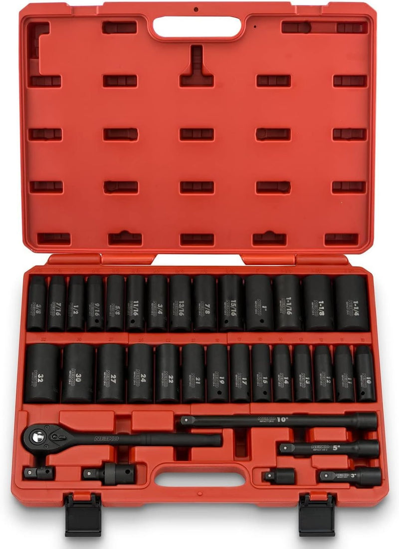 02448A 1/2" Drive Master Impact Socket Set, 65 Piece, Standard SAE (3/8"-1-1/4") & Metric (10-24 mm) Sizes, Deep & Shallow Kit, Includes Adapters & Ratchet Handle L3