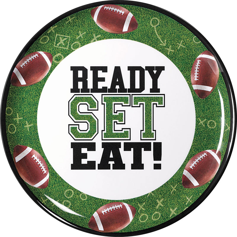 Football "Ready Set Eat" Round Plastic Melamine Reusable Serving Platter, Green, 13.5-in, for Sports Party L6