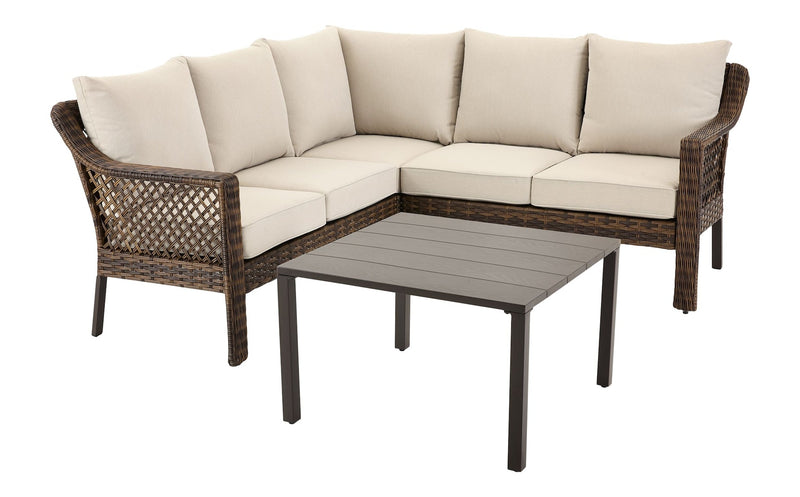 FOR LIVING Bracebridge All-Weather Wicker Outdoor Patio Sectional with Woodgrain Steel Table Top, Brown, 3-pc B4