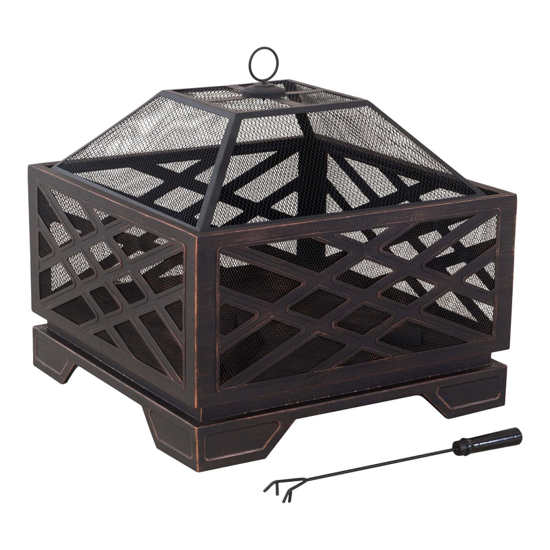 For Living Lawrence Steel Outdoor Wood Burning Fire Pit with Fireplace Poker, 25 x 25 x 26-in O6