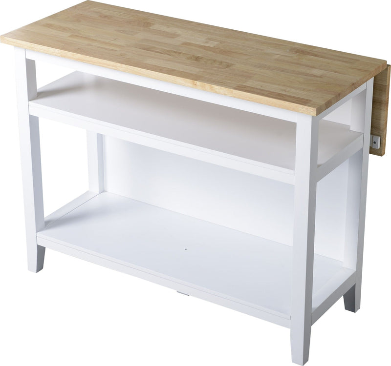 For Living Wood Top Open Shelf Kitchen Storage Island With Folding Leaf, White C5