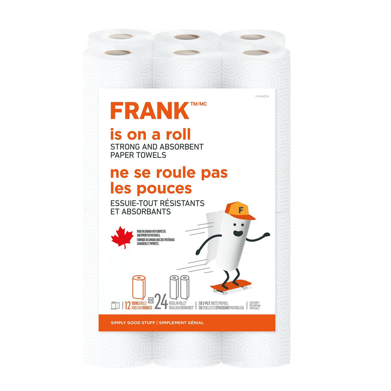 FRANK Double Roll Paper Towel, 2-ply, 12-pk, Ultra Absorbent H2