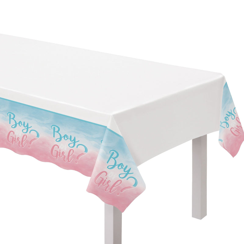 "Girl or Boy?" Rectangle Plastic Reusable Table Cover, Pink/Blue, 54x102-in, for Gender Reveal K3
