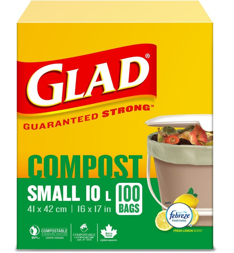 Glad Small 100% Compostable Febreze Lemon Scented Food Waste Bags, 100-pk, 10-L V7