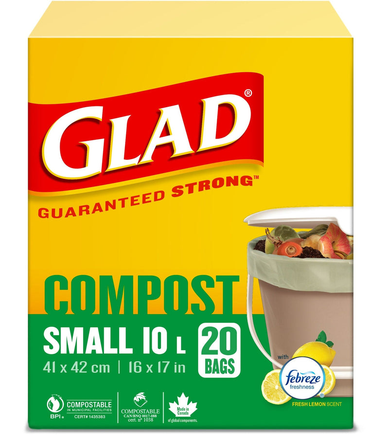Glad Small 100% Compostable Febreze Lemon Scented Food Waste Bags, 20-pk, 10-L X7