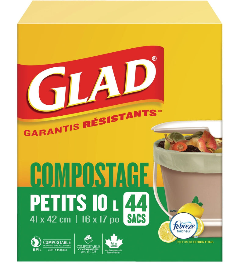 Glad Small 100% Compostable Febreze Lemon Scented Food Waste Bags, 44-pk, 10-L V0