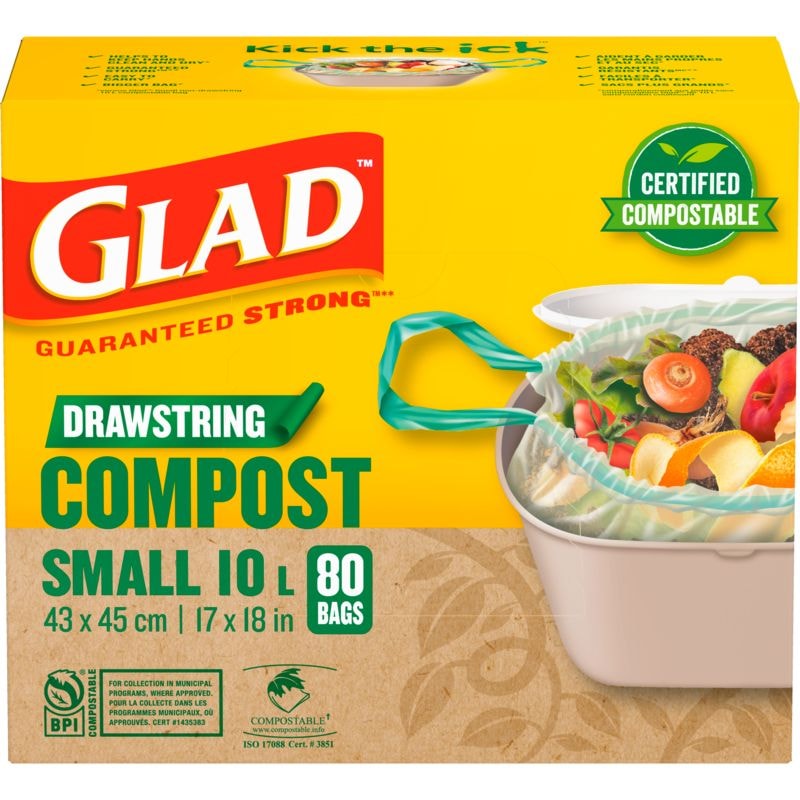 Glad Small Certified Compostable Drawstring Food Waste Bags, 80-pk, Opaque, 10-L F3