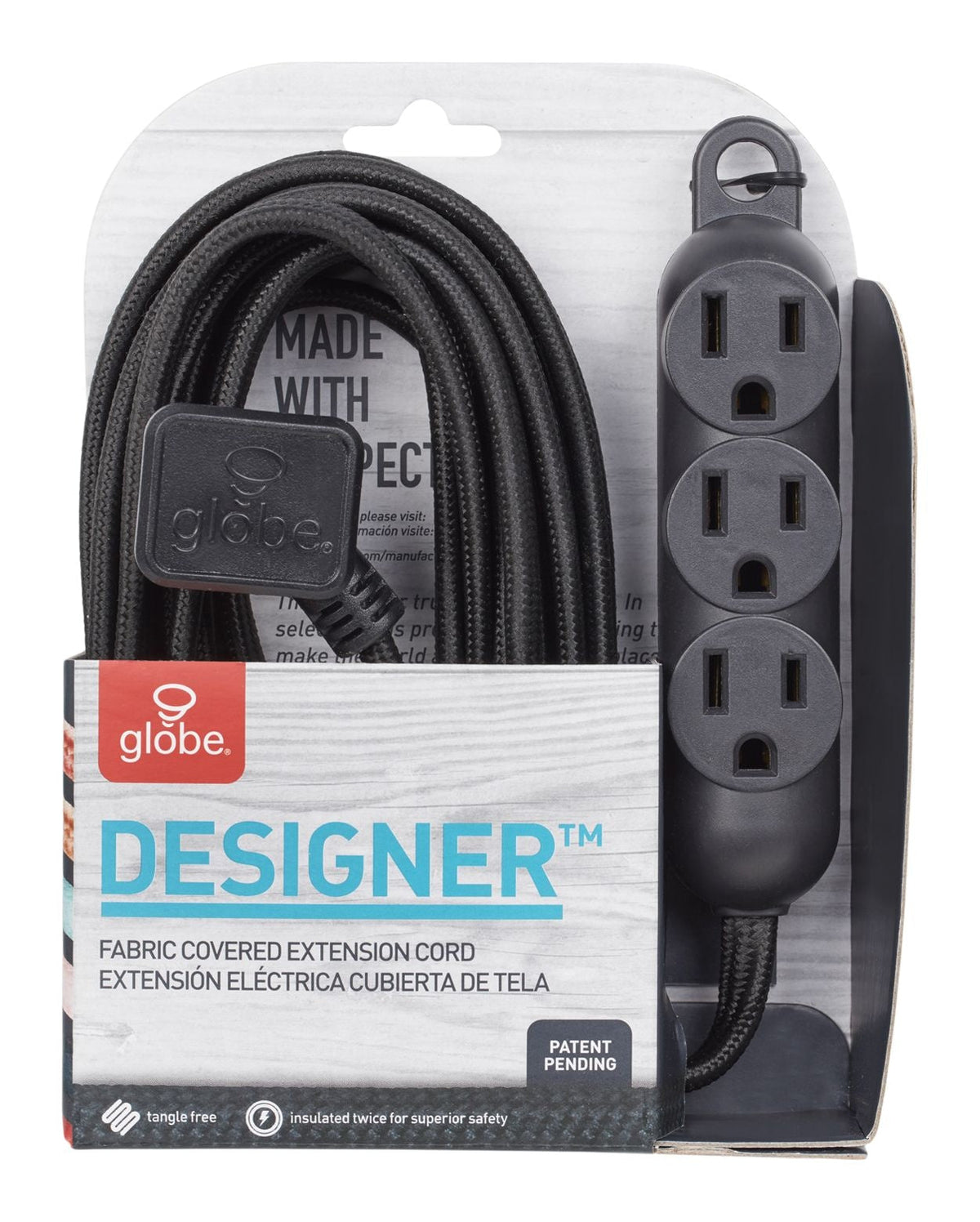 Globe 12-ft 16/3 Fabric Extension Cord, Right Angle Plug, 3 Outlets, Black