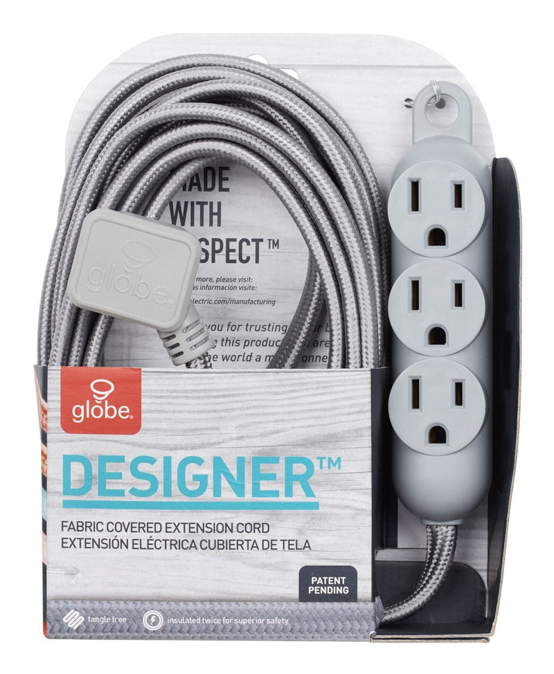 Globe 12-ft 16/3 Fabric Extension Cord, Right Angle Plug, 3 Outlets, Grey B5
