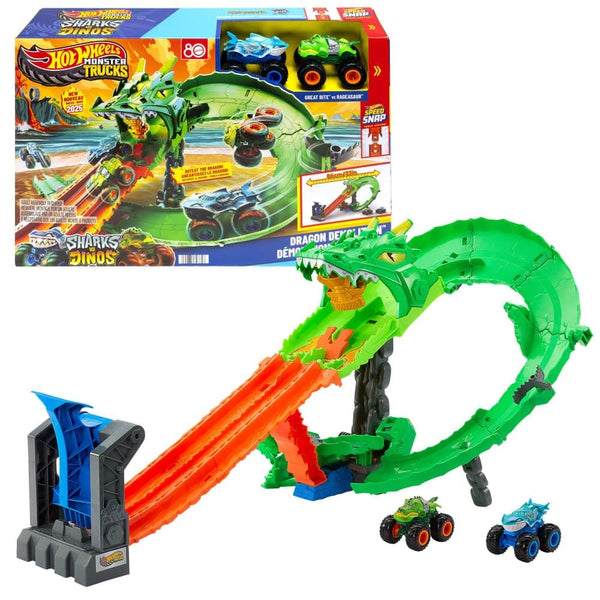 Hot Wheels Sharks vs. Dinos Dragon Destruction Playset with 2 1:64 Hot Wheels Monster Trucks A1