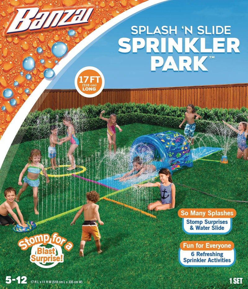 Inflatable Splash ‘N Slide Water Sprinkler Park, Blue, 17-ft, Ages 5+, for Beach/Pool Fun Activities B5