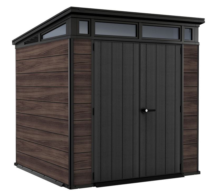Keter Pent Durable DecoCoat Lockable 2-Door Resin Outdoor Storage Shed with Windows, Brown, 7-ft x 7-ft N7