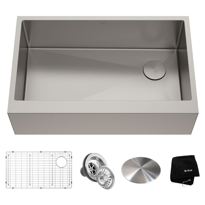 Kraus Kore Apron Front Farmhouse Stainless Steel Single Bowl Kitchen Sink with Add-Ons, 33x21x10-in J0