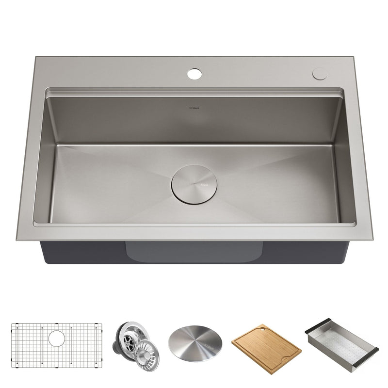 Kraus Kore Top/Undermount Stainless Steel Single Bowl Kitchen Sink with Add-Ons, 32x21x9-in P1