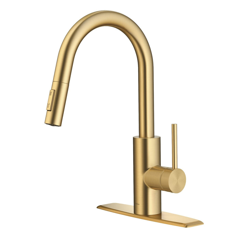 Kraus Oletto Single Handle High Arc Pull Down Kitchen Faucet, Brushed Brass U6