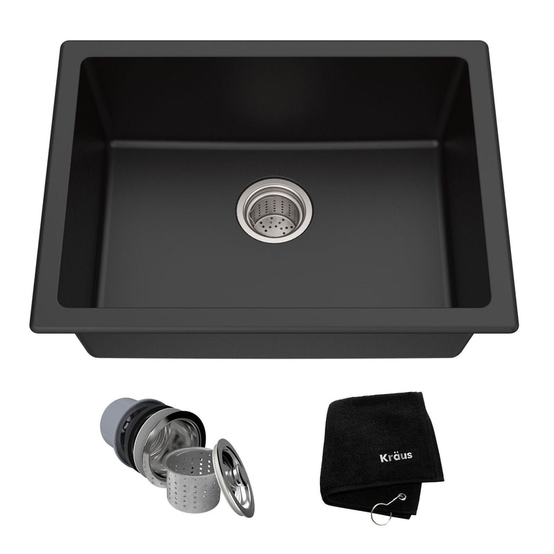 Kraus Quarza Top/Undermount Granite Single Bowl Kitchen Sink, Black Onyx, 24x18x9-in V8
