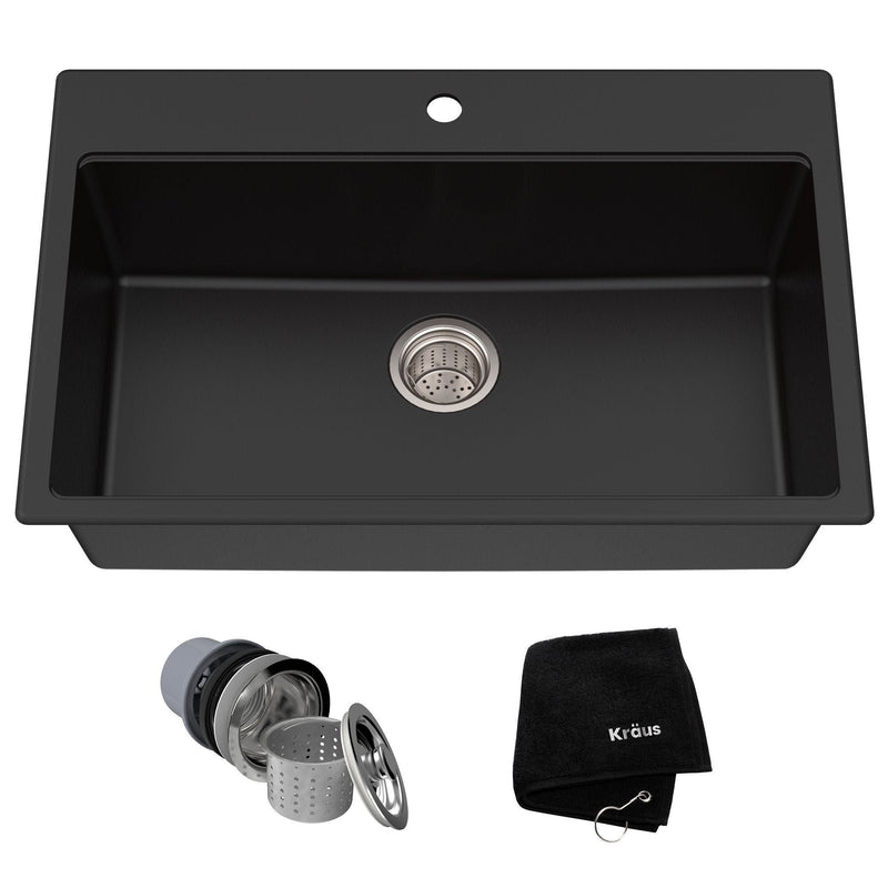 Kraus Quarza Top/Undermount Granite Single Bowl Kitchen Sink, Black Onyx, 31x20x9-in C6