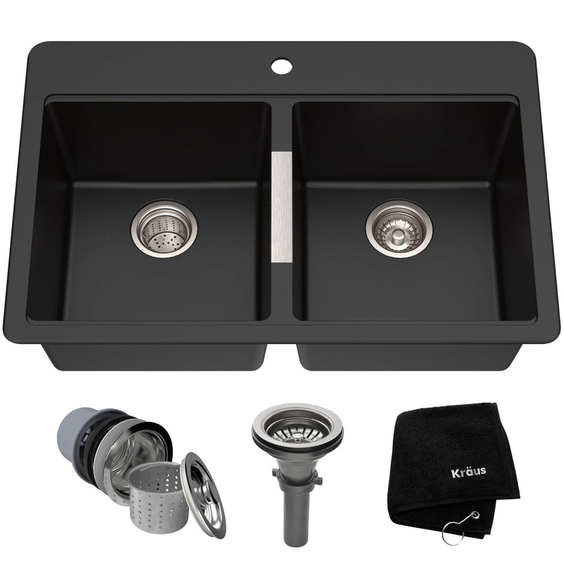 Kraus Quarza Undermount Granite Double Bowl Kitchen Sink, Black Onyx, 33x22x10-in V1