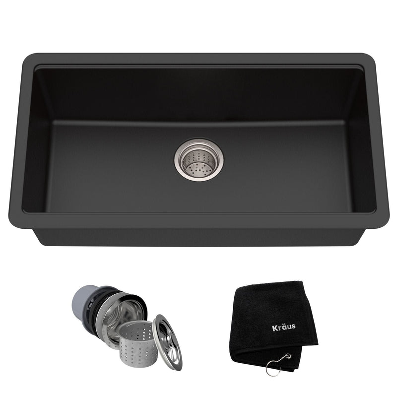 Kraus Quarza Undermount Granite Single Bowl Kitchen Sink, Black Onyx, 31x17x9-in E5