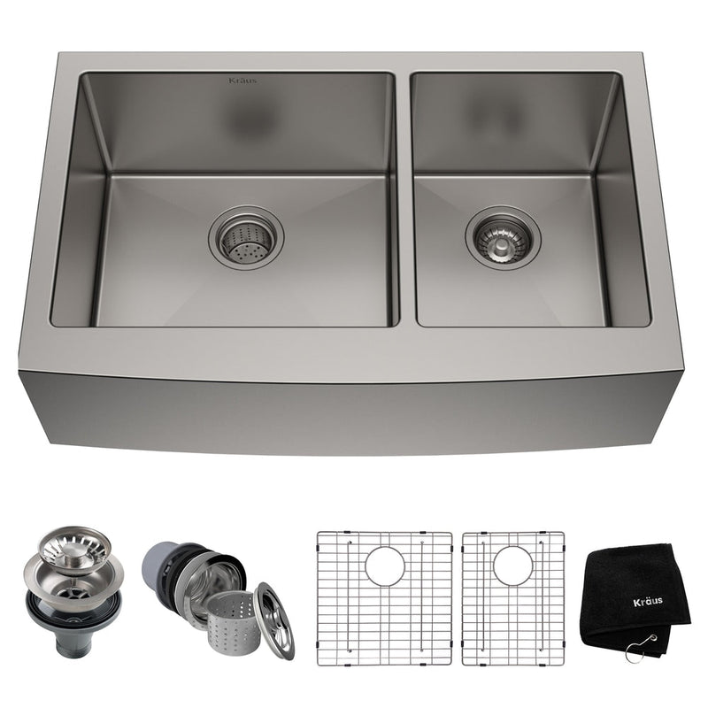 Kraus Standard PRO Apron Front Farmhouse Stainless Steel Double Bowl Kitchen Sink, 33x21x10-in R7
