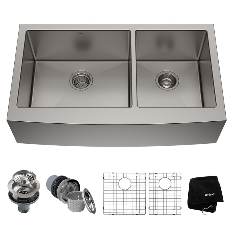 Kraus Standard PRO Apron Front Farmhouse Stainless Steel Double Bowl Kitchen Sink, 36x21x10-in X0