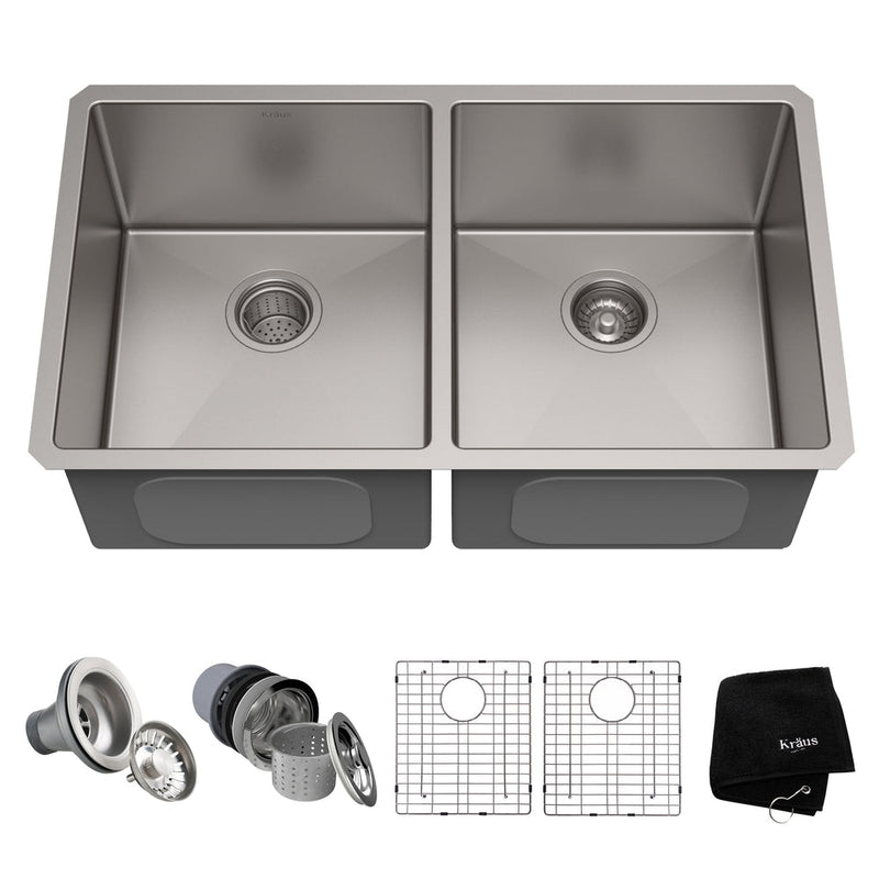 Kraus Standard PRO Undermount Stainless Steel Double Bowl 50/50 Kitchen Sink, 33x19x10-in S3