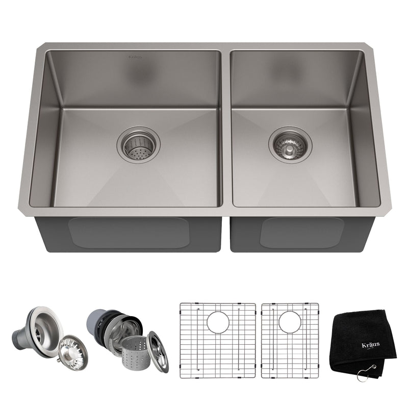 Kraus Standard PRO Undermount Stainless Steel Double Bowl 60/40 Kitchen Sink, 33x19x10-in V7