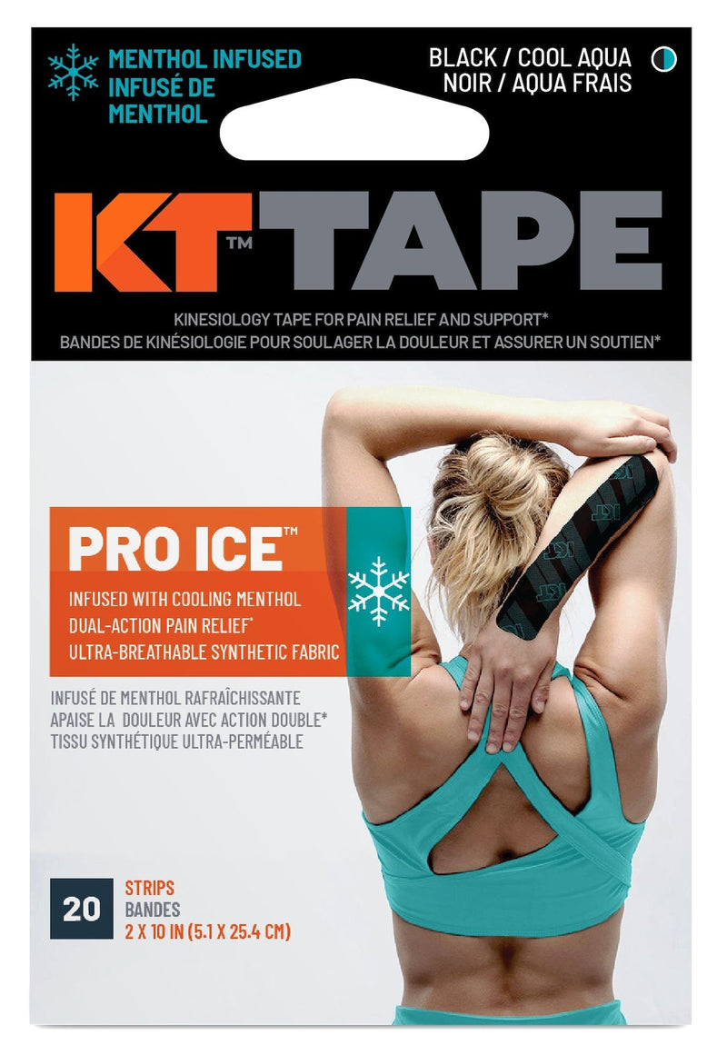 KT Tape Pro Ice Pre-Cut Elastic Kinesiology Sports Tape with Menthol, Black, 10 x 2-in Strips, 20-pk S0